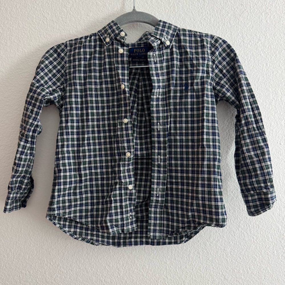 Polo Ralph Lauren Youth Boys Green and Navy Plaid Long Sleeve Size 5